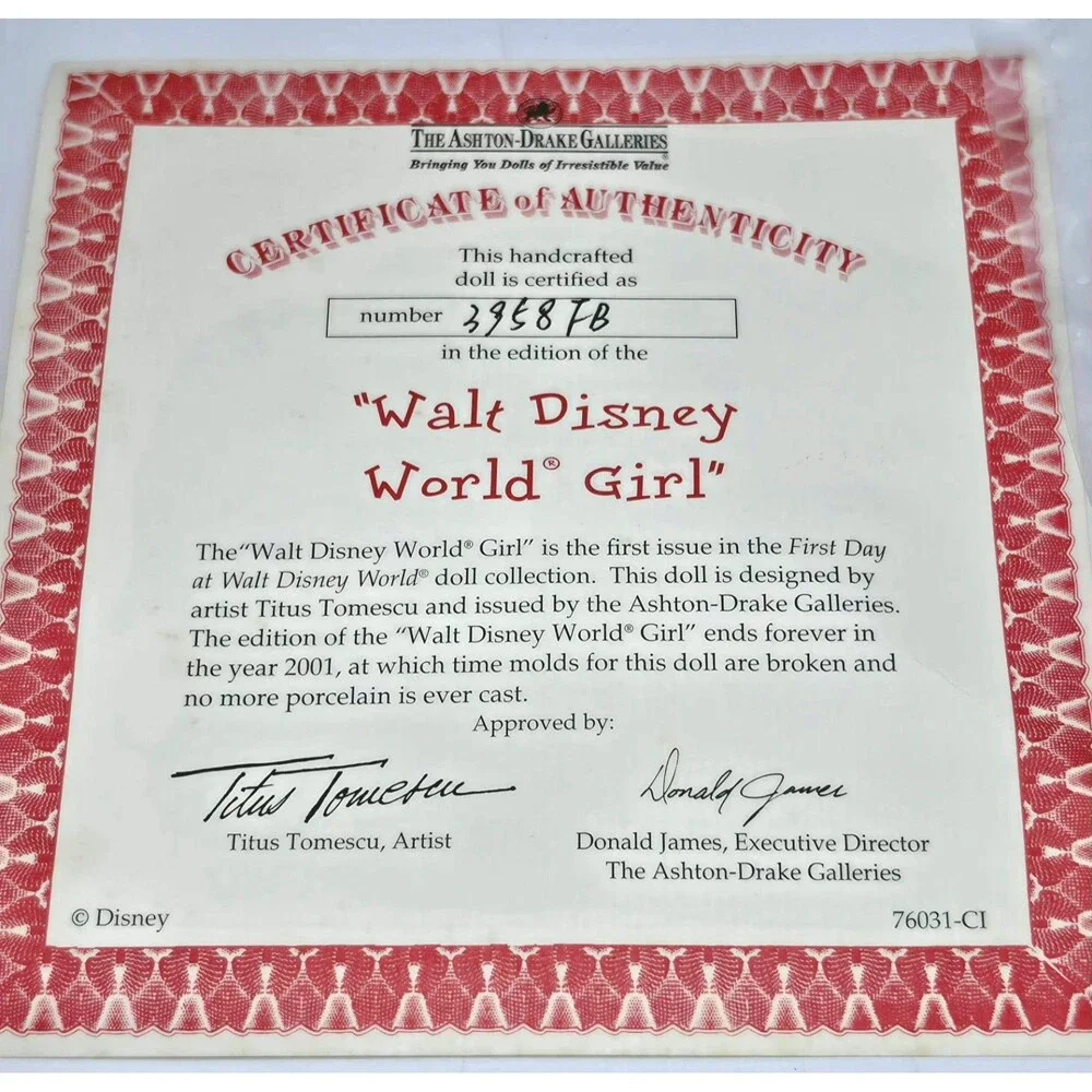 Ashton-Drake Disney World Girl Porcelain Doll NIB 2001 COA Minnie Mouse